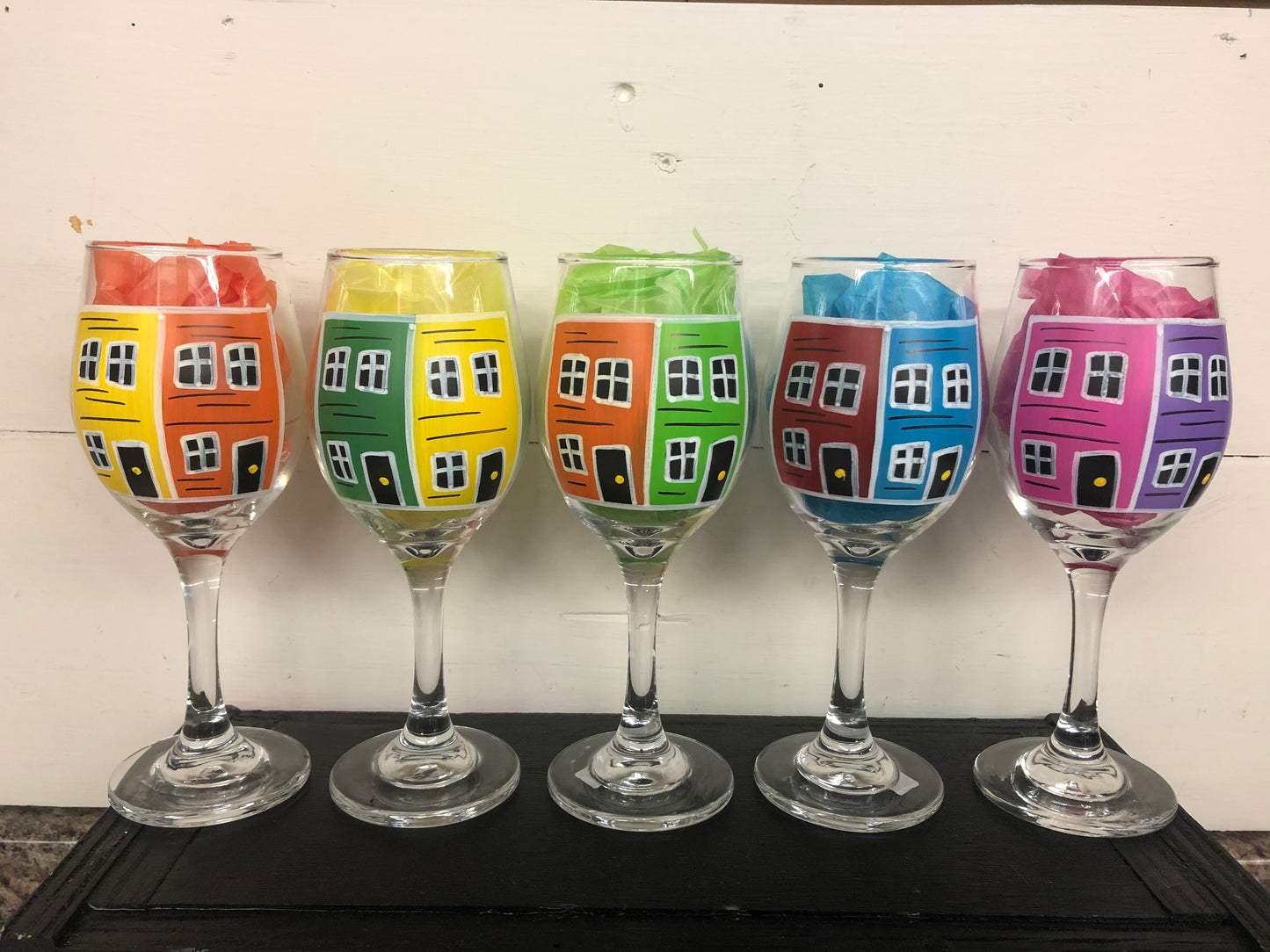 Hand-Painted Jellybean Row House Wine Glasses - Assorted Colours